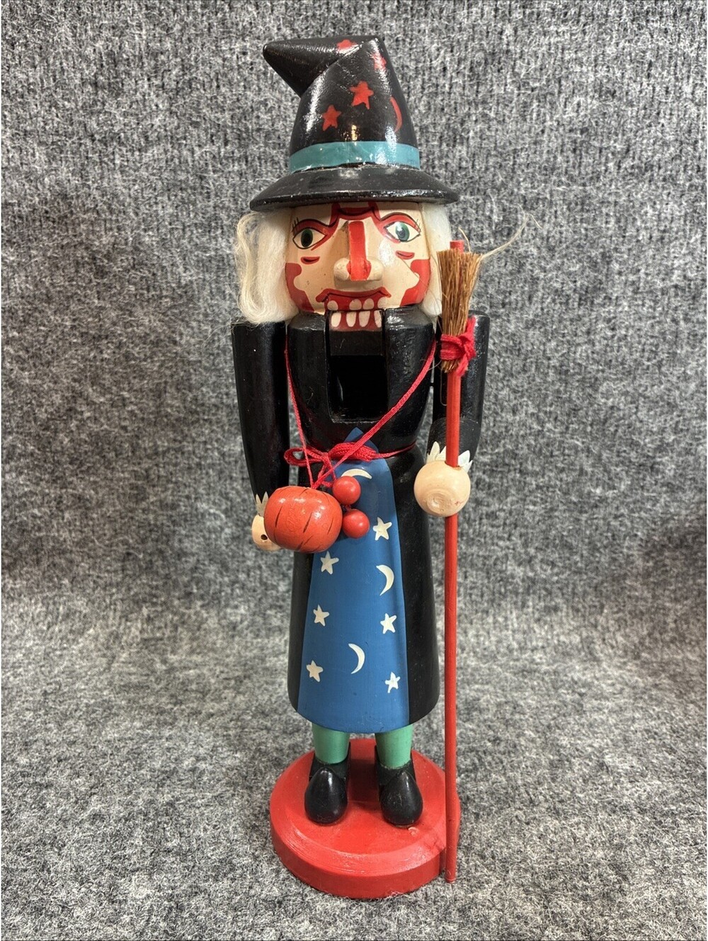Vintage Halloween Witch Nutcracker Pumpkins Broom Grey Hair 12" H Unbranded